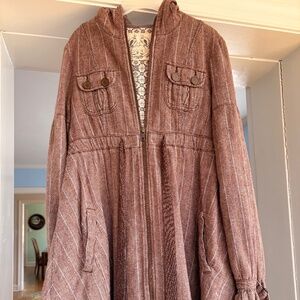 Free People Hooded Drawstring Waist Zipup Brown Swing Flare Trapeze Jacket-Small